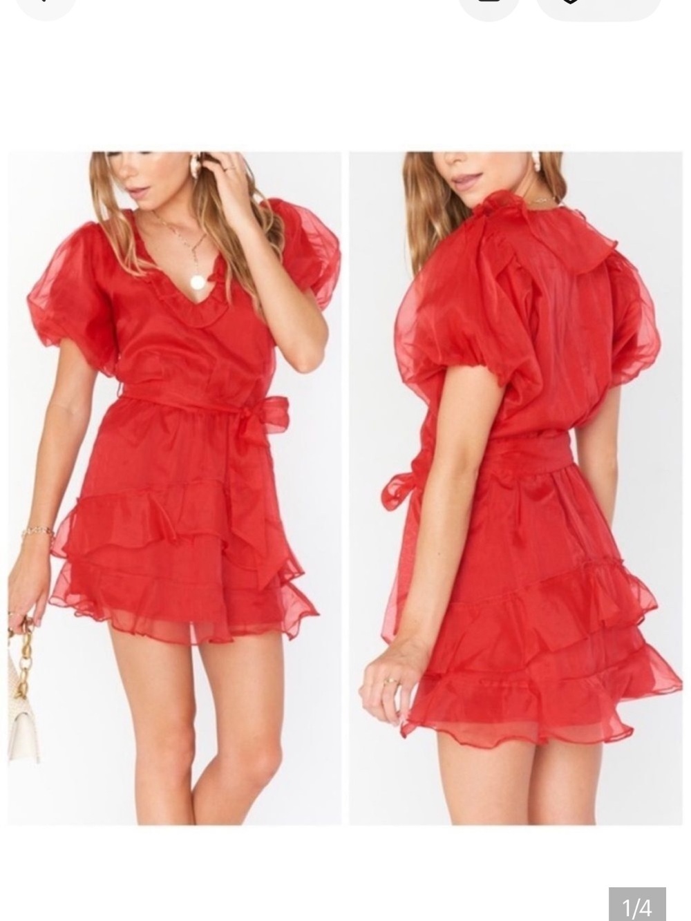 Show Me Your MuMu Girls Red Organza Ruffle Puff-Sleeve Dress